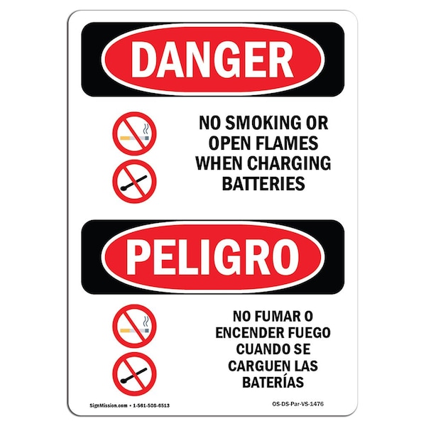 OSHA Sign, No Smoking Charging Batteries Bilingual, 18in X 12in Alum, 12" W, 18" L, Spanish